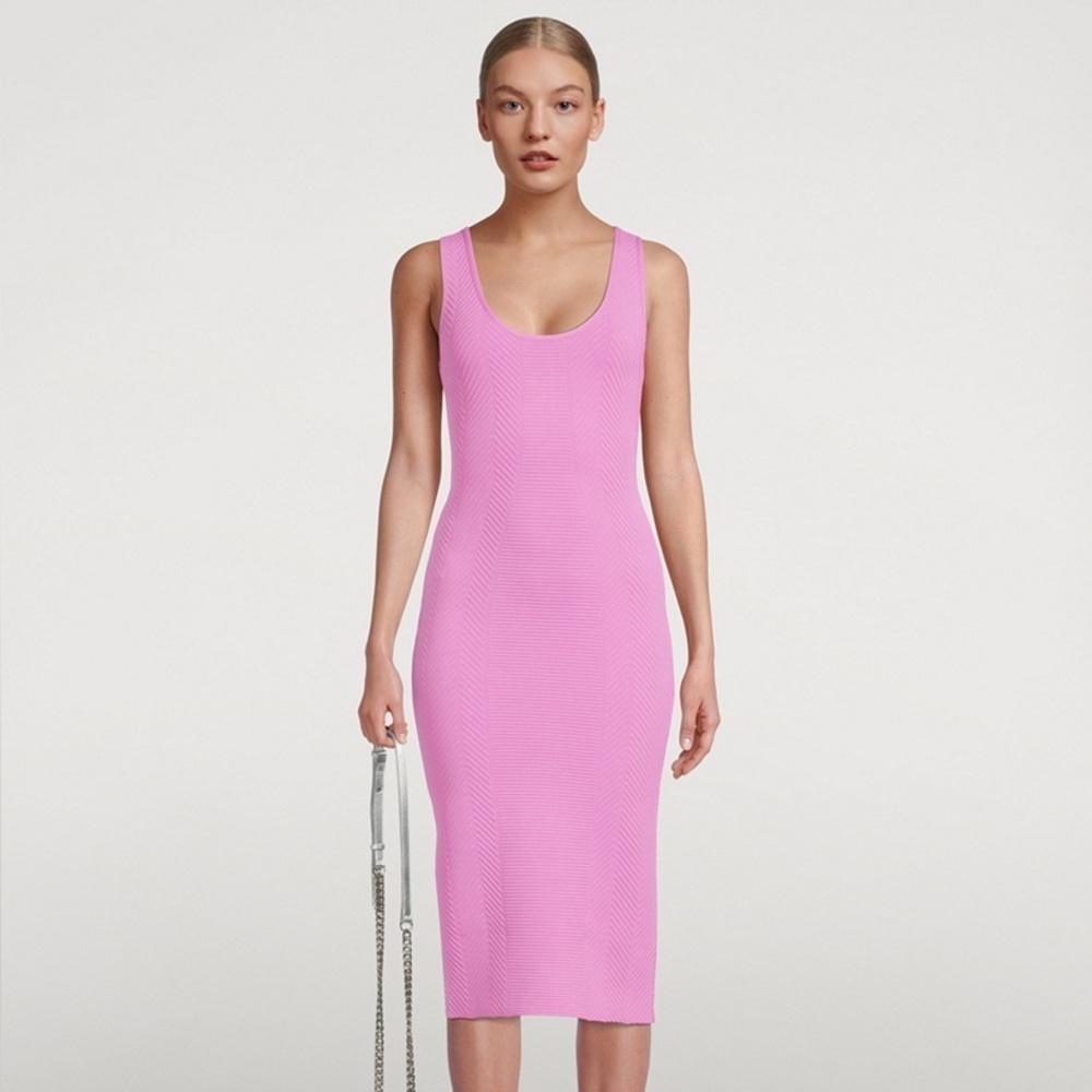Hervé Léger bright pink Ottoman scoop neck sleeveless bodycon midi dress - Small